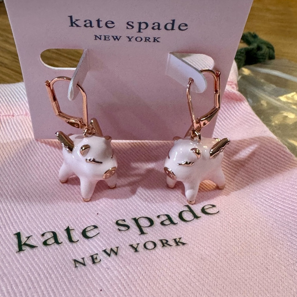 Kate Spade Pink and Rose Gold Pig Earrings Pave Stone Wings